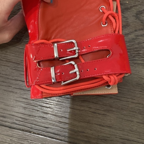 NWT BURJU Under The Influence Open Toe Lace Up Buckle Ankle Boots | Red 6 - Picture 7 of 12